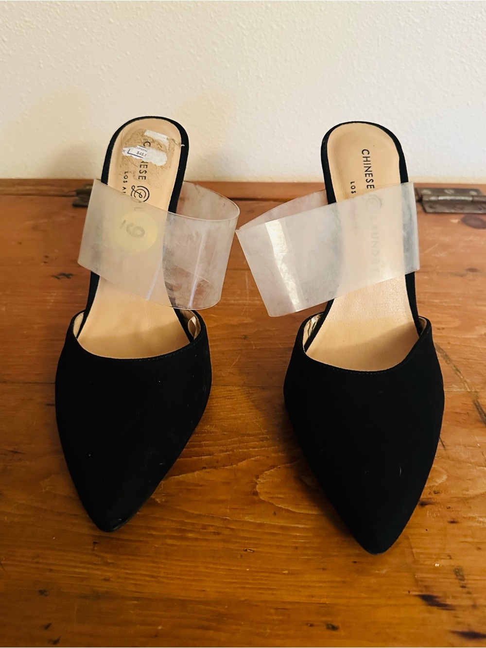 Chinese Laundry Black Pointed Mule with Clear Strap 4.5 Inch Heel - Size 9